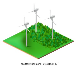 isometría del generador de turbinas eólicas en bosques verdes, energía eólica, energía verde renovable