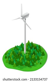 isometry of wind turbine generator in green forest, wind energy, renewable green energy