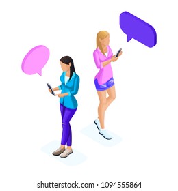 Isometry of young girls, communicates on the phone in social networks, conducts correspondence, telephone, tablet. Teenagers and gadgets.