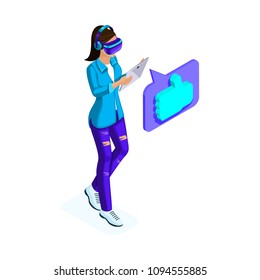 Isometry of a young woman rewrites through social networks, using a tablet and virtual glasses, virtual games, a phone. Teenagers and gadgets.