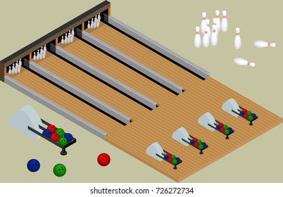 Isometvric bowling center. Bowling balls, skittles, lanes isolated in vector