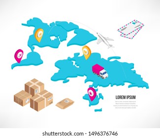 Isomteric global transportation, post and delivery concept. 3D world map, pin, plane, delivery boxes, parcel, letter and text isolated on whine background. Vector illustration