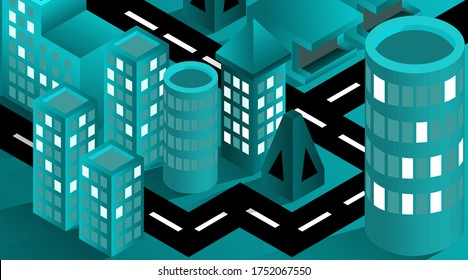 Isomtric 3D city street blue vector, building smart city concept. isolated sign building city traffic
