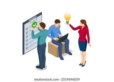 Isomtric business idea lights up like a bulb, becoming the foundation for a successful startup. With teamwork and brainstorming, success follows