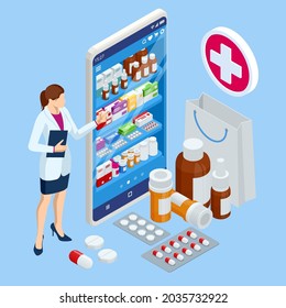 Isomtric buy medicaments and drugs online. Healthcare online pharmacy app. Concept online drugstore.
