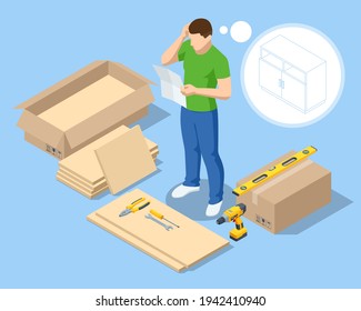 Isomtric man does the assembly of furniture himself at home. Furniture assembly help with man confused by assembly instruction