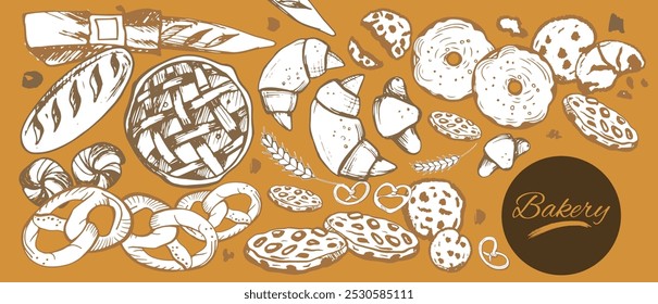 Isoplated vector set of bakery. Pasrty. Hand drawn and chalked cookies, barolls, pies, croissants, cakes, pastries. Sepia. Vintage template with bread and pastries sketch. White background.