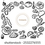 Isoplated vector set of croissants. Bakery. Hand drawn and chalked cookies, barolls, pies, cakes, pastries. Vintage template with pastries sketch. Fresh bakery. Shop. Template