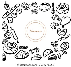 Isoplated vector set of croissants. Bakery. Hand drawn and chalked cookies, barolls, pies, cakes, pastries. Vintage template with pastries sketch. Fresh bakery. Shop. Template