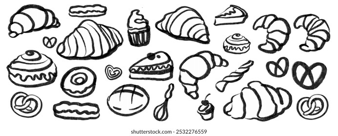 Isoplated vector set of croissants. Bakery. Hand drawn and chalked cookies, barolls, pies, cakes, pastries. Vintage template with pastries sketch. Fresh bakery. Shop. Template