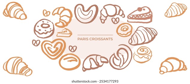 Isoplated vector set of croissants on a white background. Menu template. Bakery. Hand drawn template with pastries sketch. Fresh bakery. Shop. Pastry.	
