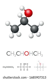 Isopropyl alcohol, CH3CHOHCH3, isopropanol, molecule model and chemical formula. 2-propanol, a common ingredient in chemicals such as antiseptics, disinfectants, and detergents. Illustration. Vector.