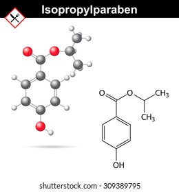 Isopropylparaben - food and cosmetic preservative of paraben family, chemical formula and model, 2d & 3d vector, isolated on white background, eps 8