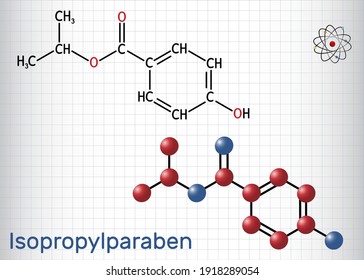 Isopropylparaben, isopropyl paraben molecule. It is paraben, antimicrobial, antifungal preservative. Structural chemical formula, molecule model. Sheet of paper in a cage. Vector illustration