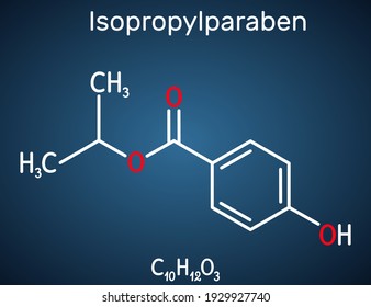 Isopropylparaben, isopropyl paraben molecule. It is paraben, antimicrobial, antifungal preservative. Structural chemical formula on the dark blue background. Vector illustration