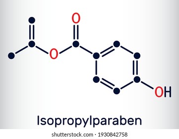 Isopropylparaben, isopropyl paraben molecule. It is paraben, antimicrobial, antifungal preservative. Skeletal chemical formula. Vector illustration