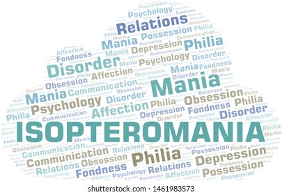 Isopteromania word cloud. Type of mania, made with text only.