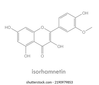 Estructura de Isorhamtin. Molécula de flavonol (flavonoide) en peras, aceite de oliva y vino.