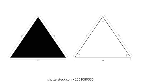 Isosceles triangle with dimensions. Isosceles triangle shape in geometry. Isosceles triangle icon.