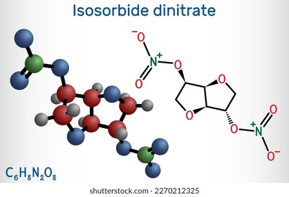 Isosorbide dinitrate, ISDN molecule. It is vasodilator used to treat angina in coronary artery disease. Structural chemical formula and molecule model. Vector illustration