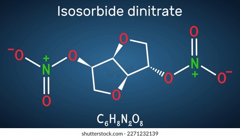 Dinitrato de isosorbida, molécula RDSI. Es un vasodilatador utilizado para tratar la angina de pecho en la enfermedad arterial coronaria. Fórmula química esquelética. Empaquetado de papel para medicamentos. Ilustración del vector