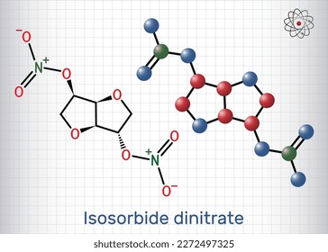 Isosorbiddinitrat, ISDN-Molekül. Es wird Vasodilatator zur Behandlung von Angina pectoris bei koronaren Herzkrankheiten eingesetzt. Strukturelle chemische Formel, Molekül-Modell. Blatt Papier in einem Käfig. Vektorgrafik