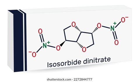 Dinitrato de isosorbida, molécula RDSI. Es un vasodilatador utilizado para tratar la angina de pecho en la enfermedad arterial coronaria. Fórmula química esquelética. Empaquetado de papel para medicamentos. Ilustración del vector