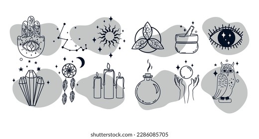 Isoteric set with constellation, eye, jug, hand, diamonds, owl, magic ball. Vector stock illustration. isolated. hand drawn