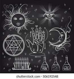 Isoteric signs, philosophy and alchemy elements on chalkboard background. Vector illustration