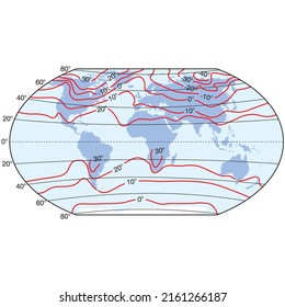 Isotherm. World Map with continents, Isothermal Lines, and physical temperature zones in January in degrees Celsius. Vector