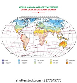 Isotherm. Weltkarte mit Kontinenten, Isothermalen Linien und physikalischen Temperaturzonen im Januar in Grad Celsius. Vektorgrafik