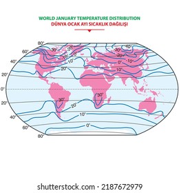 Isotherm. Mapa mundial con continentes, líneas isotérmicas y zonas de temperatura física en enero en grados Celsius. Vector