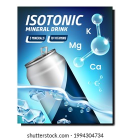 Isotonic Mineral Water Promotional Banner Vector. Refreshment Vitamin Mineral Drink Blank Container, Molecule And Ice Cubes On Creative Advertising Poster. Style Concept Template Illustration