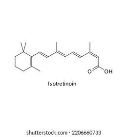 Isotretinoin molecule flat skeletal structure, 1st generation retinoid used in acne, psoriasis Vector illustration on white background.