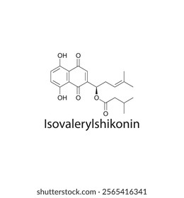 Isovalerylshikonin skeletal structure diagram.Naphthoquinone compound molecule scientific illustration.