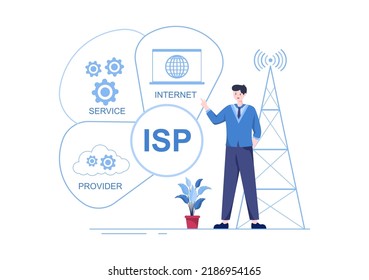 ISP or Internet Service Provider Cartoon Illustration with Keywords and Icons for Intranet Access, Secure Network Connection and Privacy Protection