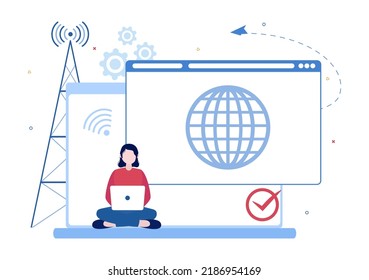 ISP or Internet Service Provider Cartoon Illustration with Keywords and Icons for Intranet Access, Secure Network Connection and Privacy Protection