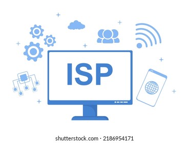 ISP or Internet Service Provider Cartoon Illustration with Keywords and Icons for Intranet Access, Secure Network Connection and Privacy Protection