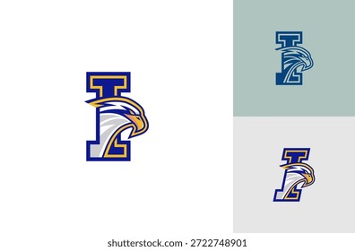 Logotipo de I-Sports con el símbolo del águila inspirado en las universidades estadounidenses. Aislado sobre fondo blanco.
