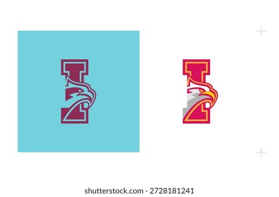 Logotipo de I-Sports con el símbolo del águila inspirado en las universidades estadounidenses. Aislado sobre fondo blanco.