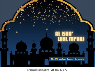 Isra' Mi' raj template design. Isra' Mi' raj are the two parts of a Night Journey that Muslims believe the Islamic prophet Muhammad took during a single night.