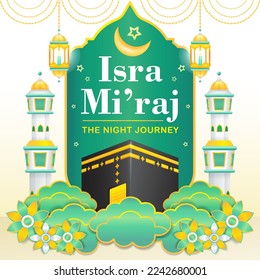 Isra Miraj, 3d illustration of kaaba with floral ornament and clouds