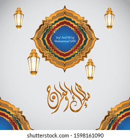 Isra' and Mi'raj Arabic Islamic backgrond art paper. Isra and Mi'raj with mandala vector art illustration. Ramadan kareem lantern gold and calligraphy