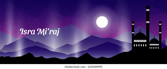 Isra Miraj Banner Vektordesign mit Moschee, Mond, Stern, Berg und Licht in der Nacht. islamige Vektorgrafik