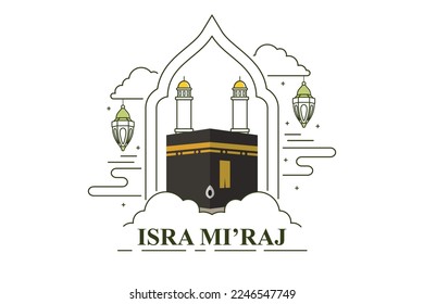 Isra mi'raj decoration background with kaaba and mosque windows, lantern, ramadan kareem, mawlid, eid muharram, copy space text, line art design vector illustration.