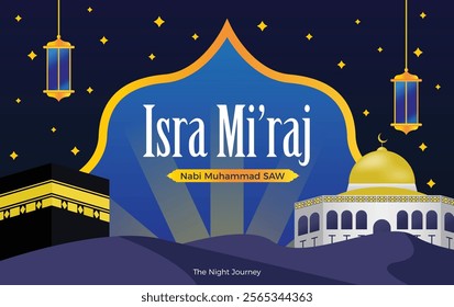 Isra Miraj design with gold shape, kabah, mosque, and stars in night background, cover, banner, social media, and greeting