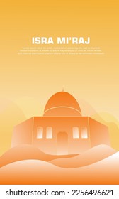 isra mi'raj design poster template. with desert, camel and mosque elements, in light colors. vector illustration