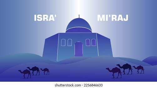 isra mi'raj design template. with desert, camel and mosque elements, in dark colors, for banners or business