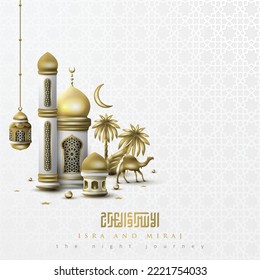 Isra and mi'raj greeting islamic illustration background vector design with arabic calligraphy and  lanterns for card, wallpaper. translation of text : Two parts of Prophet Muhammad's Night Journey 