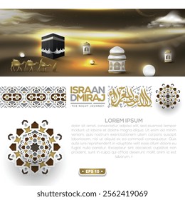 Isra and miraj greeting islamic Illustration vector design with arabic calligraphy, Lanterns and kaaba for background, wallpaper. translation of text: Two parts of Prophet Muhammad's Night Journey 